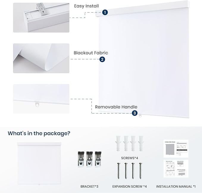 100% Blackout Roller Shades Cordless Blinds for Indoor Windows,Free-Stop Window Shades Pull Down,Thermal Insulated Fabric UV Protection,Blackout Window Guard Blinds for Home,Office,White,30" W x 72" H