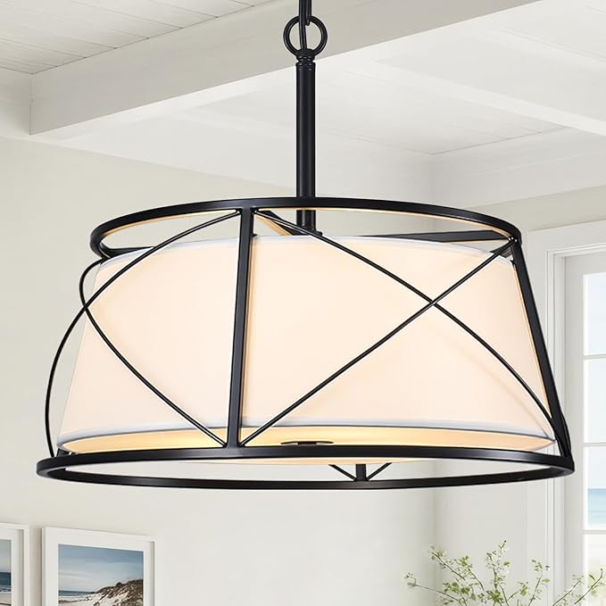 15.7" Drum Chandeliers for Dining Room, Black Modern Chandelier with White Fabric Shade for Bedroom Kitchen Islands Living Room