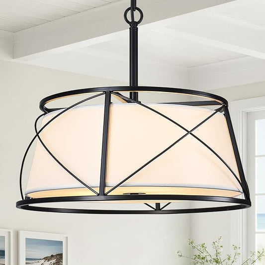 15.7" Drum Chandeliers for Dining Room, Black Modern Chandelier with White Fabric Shade for Bedroom Kitchen Islands Living Room