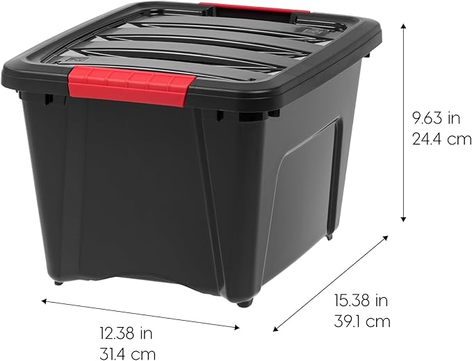 IRIS USA Stack and Pull 19 Quart Black Plastic Storage Tote Container Box Bin with Red Handles for Indoor/Outdoor Home, Garage, or Closet (6 Pack)