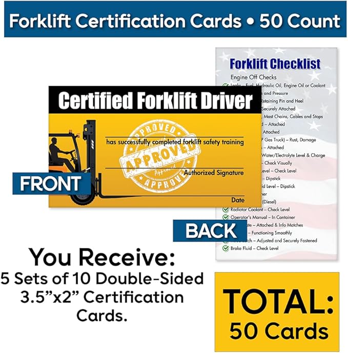 Forklift Operator Safety Training Cards - 50 Cards - Forklift Driver Card - Operator Safety - Wallet Forklift Training Card - Certification Cards