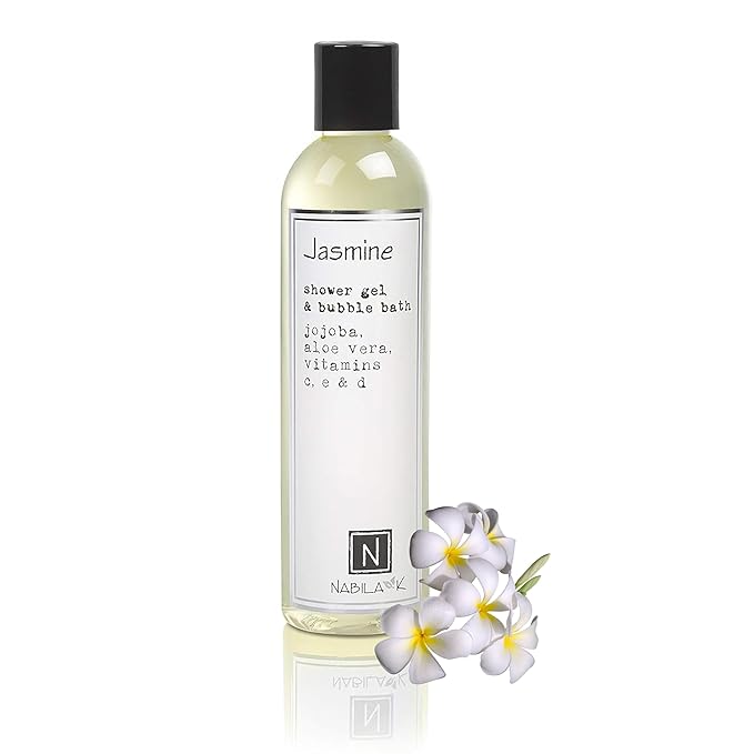 Nabila K Jasmine Shower Gel & Bubble Bath, 9 oz – Non-Drying Body Wash with Jojoba, Aloe Vera & Vitamins – Naturally-Derived, Sulfate-Free – Made in USA – For Men & Women