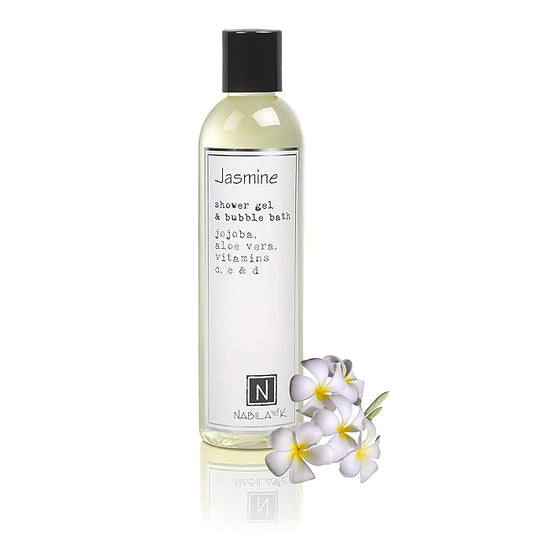 Nabila K Jasmine Shower Gel & Bubble Bath, 9 oz – Non-Drying Body Wash with Jojoba, Aloe Vera & Vitamins – Naturally-Derived, Sulfate-Free – Made in USA – For Men & Women