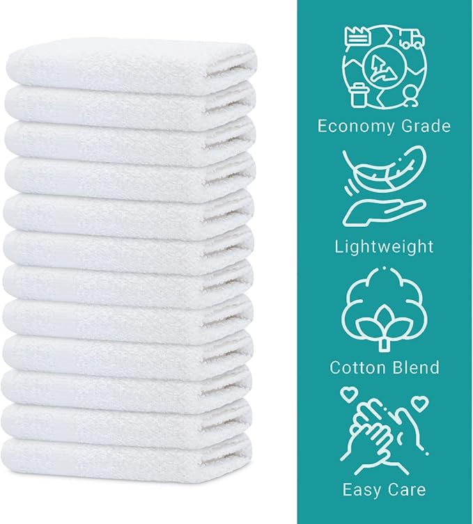 GOLD TEXTILES 60 Pack Economy White Washcloths Set (12x12 inches) - Cotton Blend Commercial Grade Cleaning Rags, Quick Drying & Soft Face Cloths, Fingertip Towels for Bathroom, Spa, Gym, and Kitchen