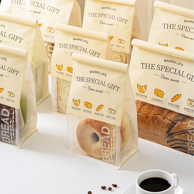 50 Pcs 5.1 Inch Bread Bags with Tin Tie, Bread Pattern Small Loaf Bags Made Of Milky yellow Paper, Storage Packing Bag with Clear Window for Bakery, Cafe, Homemade