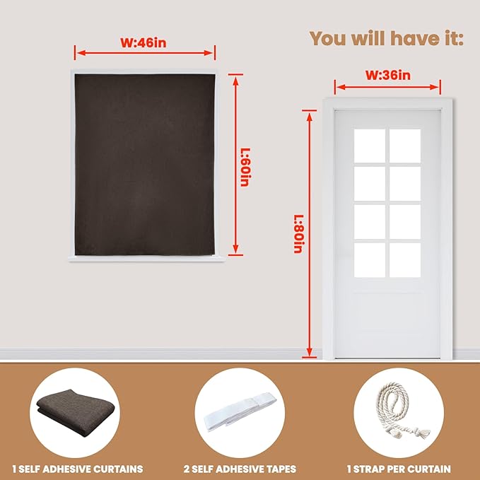 JILROIN Self Adhesive Curtains,100% Blackout Window Cover,No Drilling,Easy to Install,Provides Privacy Protection for Bedrooms (Dark Coffee - W46 × L60 in)