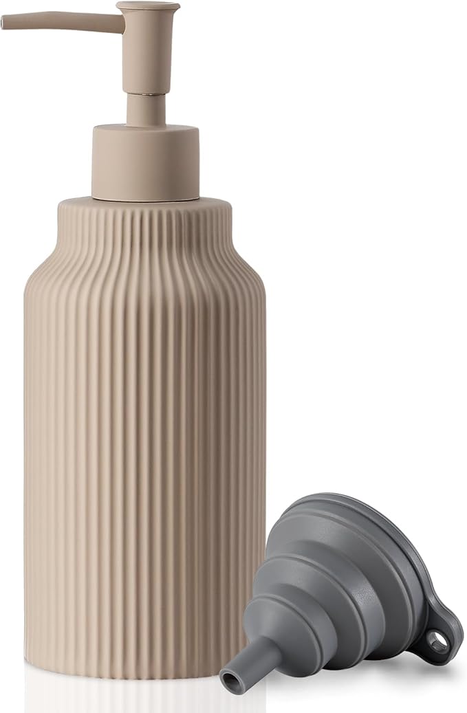 Modern Matte White Soap Dispenser for Bathroom，14oz Ceramic Soft Touch Hand Lotion Dispenser with Pump，Liquid soap Dispenser for Kitchen Rubber Paint (Khaki)