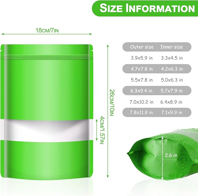 100 Pack Smell Mylar Proof Bags for Food Storage, Resealable Packaging Bag for Small Business, Stand Up Foil Pouches Reusable Heat Sealable Bags with Clear Window (Green, 7.0x10.2 In)