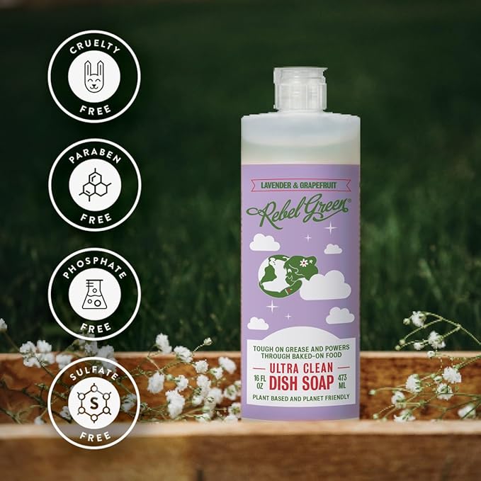 Rebel Green Super Deluxe Dish Soap - Natural Kitchen Dish Detergent - Gentle Dish Liquid Scented with Lavender & Grapefruit - (1 Gallon Refill Bottle)