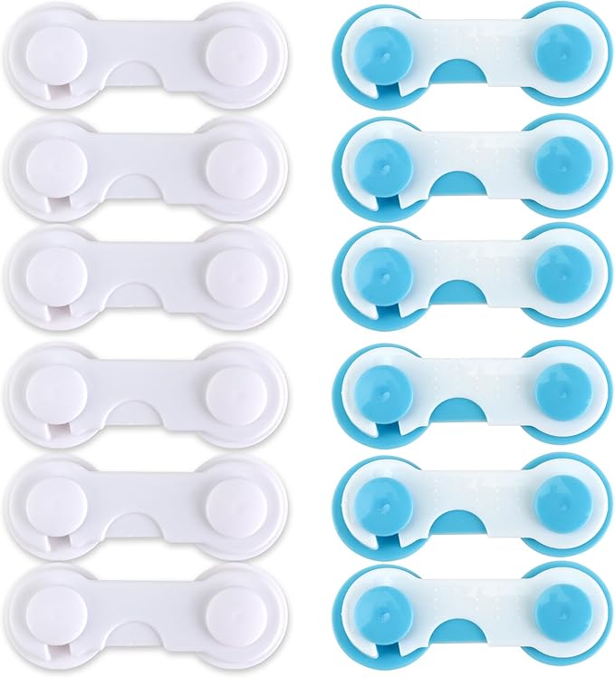 12 Pcs Baby Proof Cabinet Locks, Cabinet Child Locks with Strong Adhesive for Drawers Fridge and Closet Doors, No-Tool Installation Childproofing for Kitchen and Pantry (White and Blue)