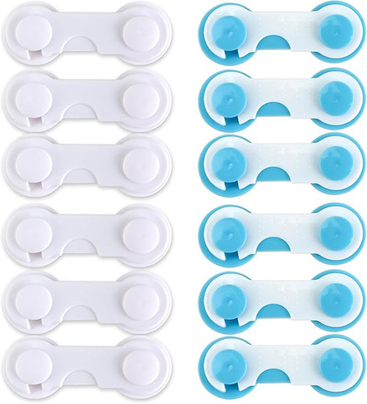 12 Pcs Baby Proof Cabinet Locks, Cabinet Child Locks with Strong Adhesive for Drawers Fridge and Closet Doors, No-Tool Installation Childproofing for Kitchen and Pantry (White and Blue)