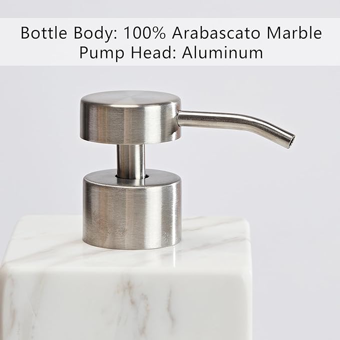 White Marble Soap Dispenser, Natural Organic Marble Soap Pump with Metal Push Pump, Elegant Square Hand Lotion Jar, Premium Heavy Duty Pump Bottle, Lotion Jar for Kitchen, Bathroom, Laundry Room