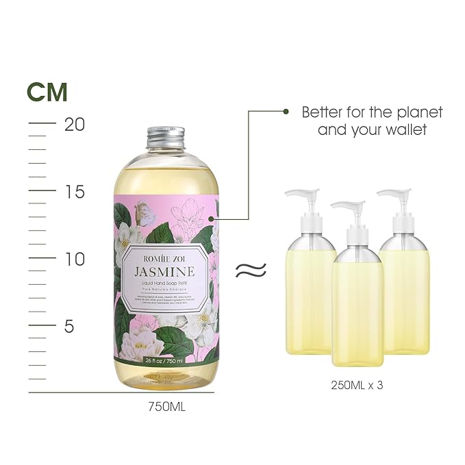 ROMIIE ZOI Liquid Hand Soap Refills Gift Set – Jasmine Scent – 3 x 26Fl Oz Bottles – Plant-Based, Non-Toxic, Gentle & Moisturizing Formula with Essential Oils – for Bathroom, Kitchen & Home Gifting