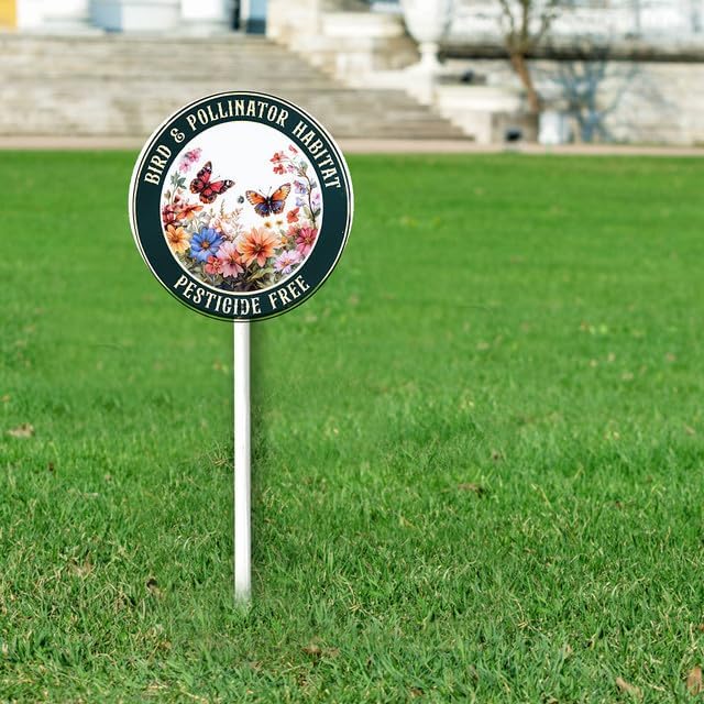 Bidesign Round (9.2X9.2) IN Bird And Pollinator Habitat Pestiside Free Yard Sign with Stake Rustproof Aluminum Butterfly Lawn Signs Stand for Home Garden Yard Decorations Outdoor