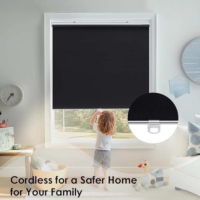 Cordless 100% Blackout Roller Shades for Windows,UV Protection Pull Down Shades,Room Darkening Door Blinds Thermal Insulated Fabric for Home Office and Bedroom(45" W x 72" H,Black)
