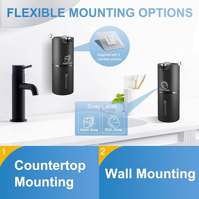 Automatic Foaming Soap Dispenser, Wall Mount Touchless 4 Gear Adjustable Electric Soap Dispenser,USB Rechargeable with Infrared Motion Sensor (Black, 12.8oz)