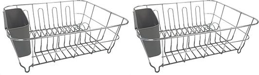 2-Piece Dish Drying Rack & Cutlery Holder Set - Compact Sink-Fitting Dish Drainer with Rubberized Undercoating, Space-Saving Kitchen Organizer for Plates, Cups, Bowls & Utensils, Gray (Pack of 2)