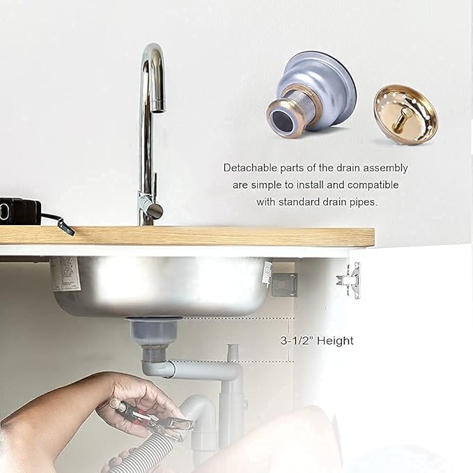 3-1/2 Deep Cup Kitchen Sink Drain Assembly, 304 Stainless Steel Construction with Fixed Post Basket and Long Extended Shank/CAS Approved and Venetian Gold Finish