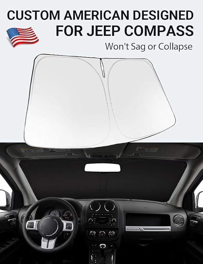 Proadsy 2025 Upgrade Windshield Sun Shade Custom Fit 2007-2017 Jeep Compass Foldable Front Sunshade Protector Sun Visor Blocks UV Rays Keep Car Cooler