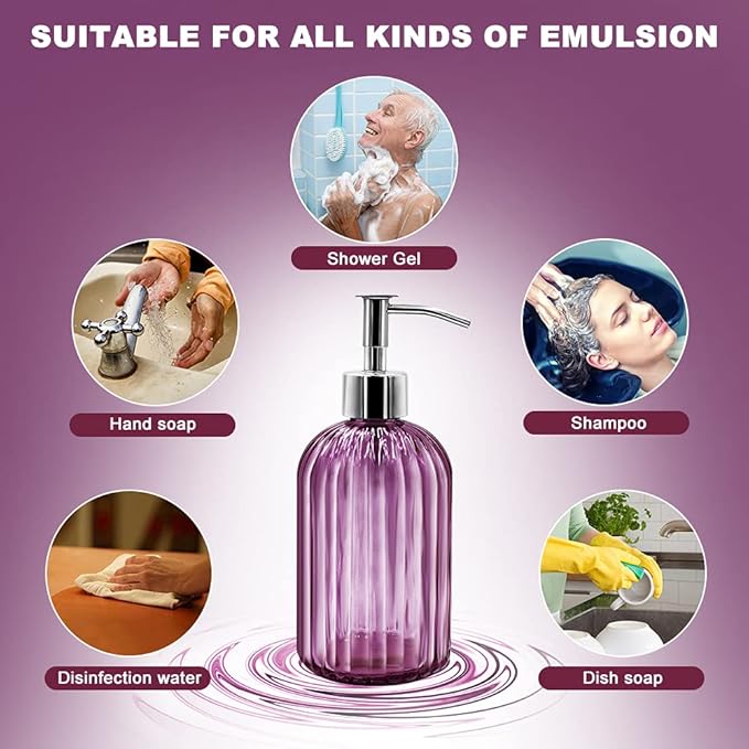 2 Pack Glass Soap Dispenser with Pump, 400ml Liquid Soap Dispenser for Soap, Shampoo and Lotion Refill for Kitchen, Bathroom, Laundry (Purple)