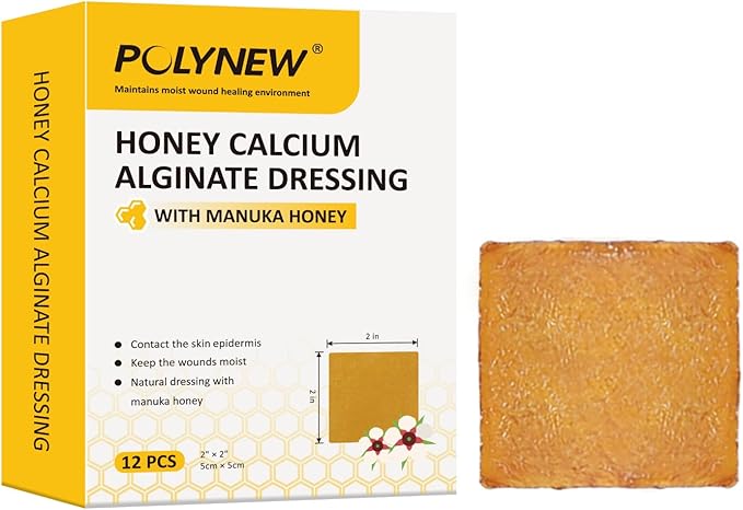 Impregnated Manuka Honey Calcium Alginate Dressing, 2"x2"-12Pcs/Box, Non-Adherent Calcium Alginate Dressing with Manuka Honey, Natural Wound Care Bandages for Burns, Faster Wound Care