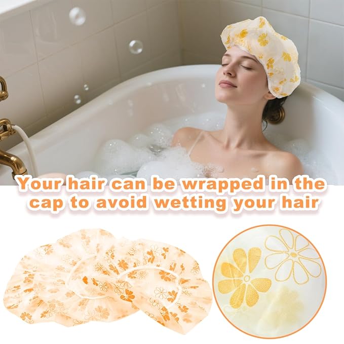 18Pcs Plastic Shower Caps for Women Waterproof Bath Caps Bathing Hair Cap Reusable Shower Caps for Shower,Spa,Salon,Housework,Girls,Home,Travel (Yellow-Flower)