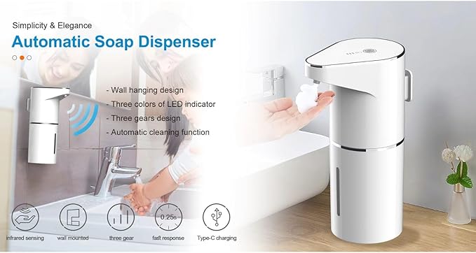 Automatic Foaming Soap Dispenser,3-Level Adjustable Foam, Wall Mount Dispenser,USB Rechargeable,11.8oz/ 350ml,Touchless Hand & Dish Dispenser for Bathroom, Kitchen,Hotel, Restaurant