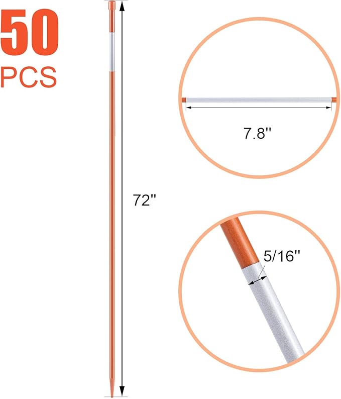 CZC AUTO 50PCS 72 Inch Driveway Marker Reflectors 5/16 Inch Dia Orange Fiberglass Snow Stakes with Reflective Tape for Easy Visibility Reflective Driveway Poles for Snow Plowing with Gloves&Drill Bit