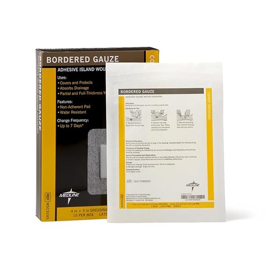 Medline Sterile Bordered Gauze Adhesive Island Wound Dressing, 4" x 5" with 2" x 2.5" Pad - Count of 15
