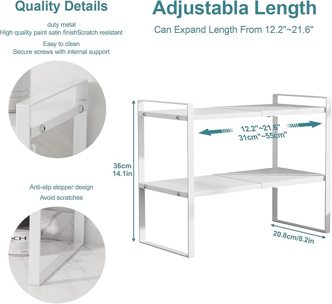 2 Tier Cabinet Shelf Expandable Cupboard Under Sink Countertop Organizer Riser Rack for Kitchen Pantry Home Organization Extra Storage Space Saver Heavy Duty