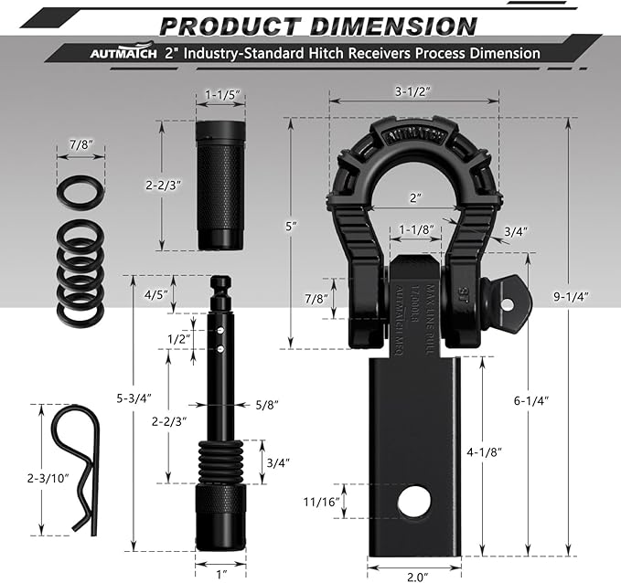 AUTMATCH Shackle Hitch Receiver 2" with 3/4" Mega D Ring Shackle and 5/8" Trailer Hitch Lock Pin, 68,000 Lbs Break Strength Heavy Duty Receiver Towing Kit for Off-Road Vehicle Recovery, Black