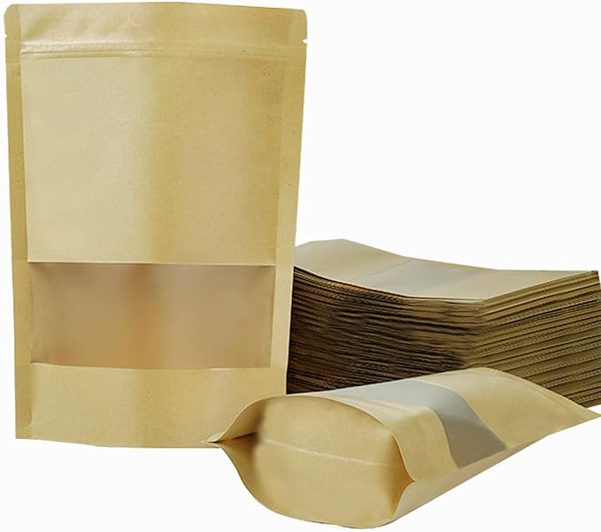 100 PCS Resealable Bags, Stand Up Kraft Paper Bags with Matte Window, Zipper Lock Food Storage Bags for Small Business and Home, 6.69 * 9.44 Inch Reusable Sealable Bags for Packaging