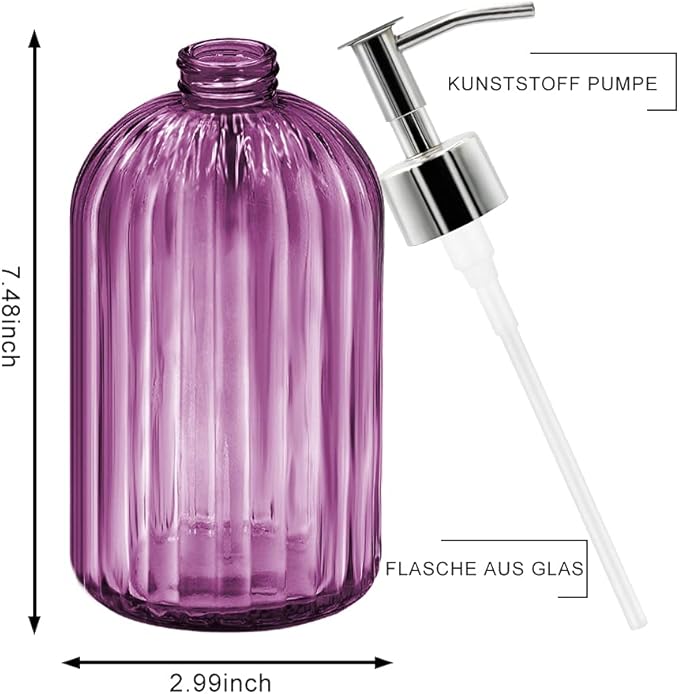 2 Pack Glass Soap Dispenser with Pump, 400ml Liquid Soap Dispenser for Soap, Shampoo and Lotion Refill for Kitchen, Bathroom, Laundry (Purple)