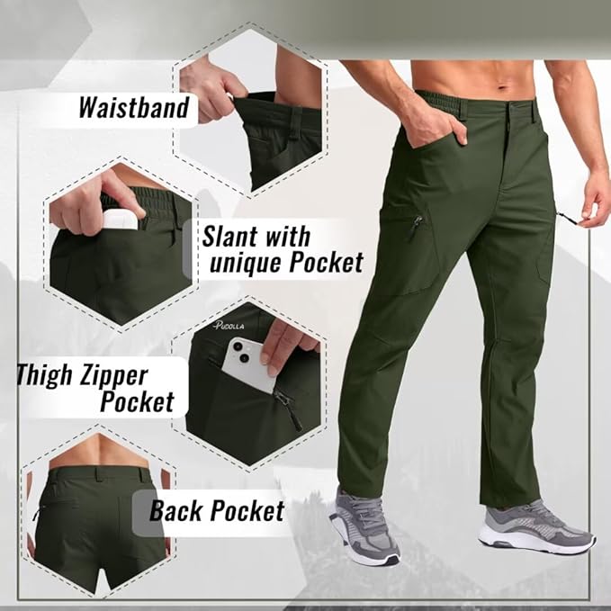 Pudolla Men's Lightweight Hiking Pants with 7 Pockets Quick Dry Water Resistant Fishing Travel Pants