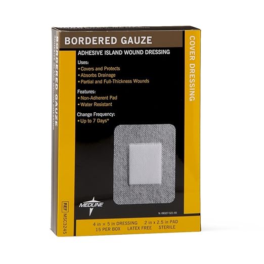Medline Sterile Bordered Gauze Adhesive Island Wound Dressing, 4" x 5" with 2" x 2.5" Pad - Count of 15
