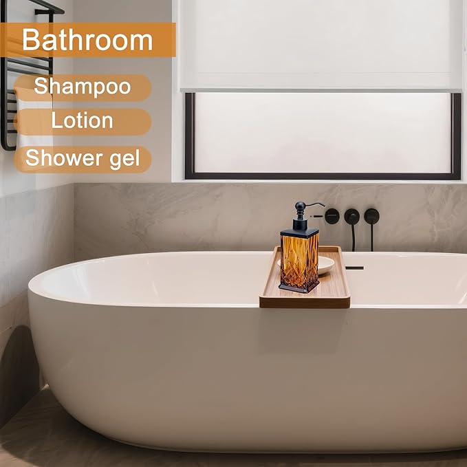 10Oz Amber Glass Soap Dispenser,Heavy Glass & Leak-Proof Rust-Resistant Pump for Kitchen Dish Soap, Bathroom Hand Wash,Vanity Essential Oil,Luxury Bath Decor(Square)