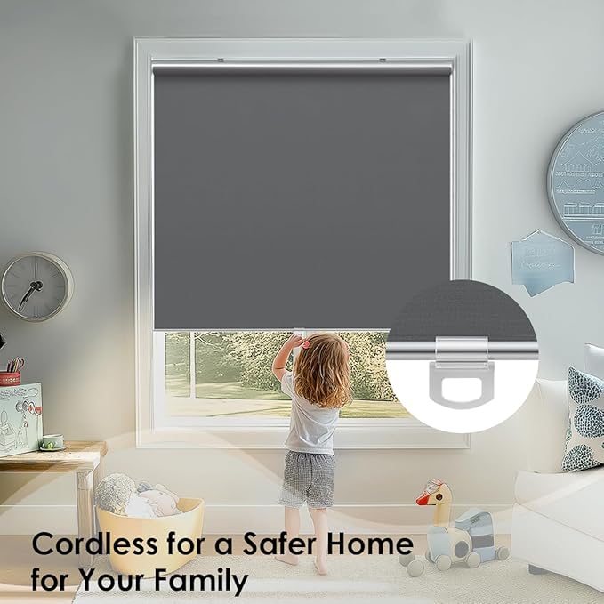 Cordless 100% Blackout Roller Shades for Windows,UV Protection Pull Down Shades,Room Darkening Door Blinds Thermal Insulated Fabric for Home Office and Bedroom(36" W x 72" H,Grey)