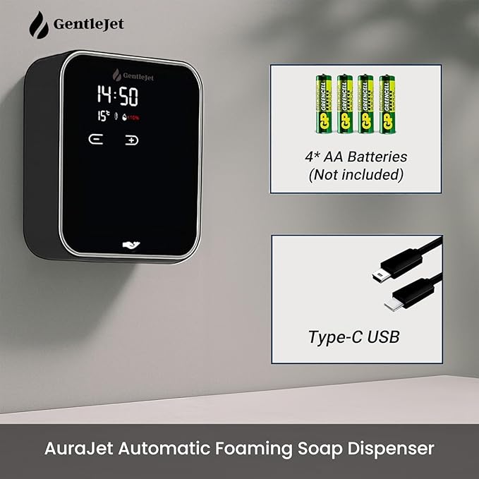 AuraJet Automatic Foaming Soap Dispenser, LED Display, Aluminum Alloy Body, 5 Foam Levels Adjustable, USB-C or Battery Powered, 16.2 oz Automatic Soap Dispenser Touchless Wall Mount