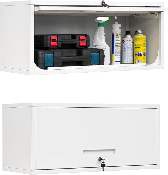 Yizosh Metal Wall Cabinet with Doors, Wall Mounted Storage Cabinet - Floating Tool Cabinet for Kitchen, Basement, Warehouse (White, 13.7" H)