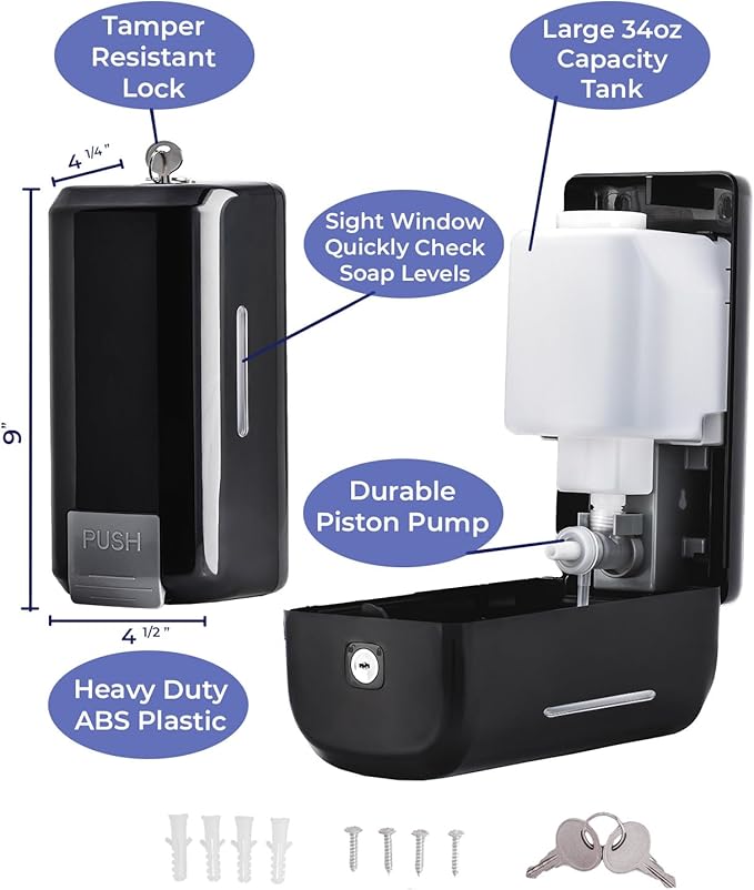 Wall Mounted Soap Dispenser with Large 34 oz. Capacity - A Black Commercial Hand Soap Dispenser or Hand Sanitizer Wall Mount Unit That Holds 25 pct More Than Other Brands - ADA Compliant