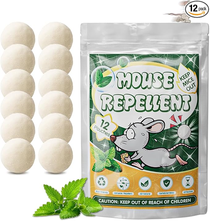Mouse Repellent,Natural Peppermint Oil Mothballs and Insect Repellent Ball, Rodent Repellent Squirrel Repellent for Indoor and Outdoor,Keep Pest Away Repel Mosquito & Moth（12 Pack）