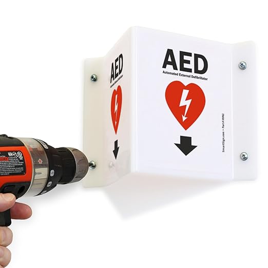 SmartSign (2-Pack) AED Projecting Sign with Down Arrow - 5" x 6", Two-Sided Wall Mount Polished Acrylic Corridor V-Sign, Red, White and Black