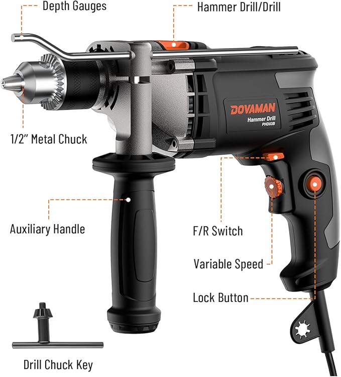 DOVAMAN PHD03B 7.5A Corded Hammer Drill, 1/2'' Impact Drill with Variable Speed 0–3000RPM, Metal Chuck, 2 Modes for Concrete, Wood, Metal – Includes Bits & Carrying Case