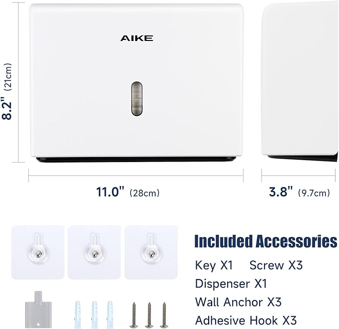 AIKE 200 Sheets Wall Mount Paper Towel Dispenser with Clear Window.Fit Multifold Paper Folded Size 10"x3.1" or Smaller,White Finish