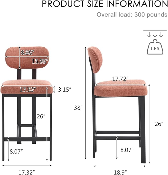 Modern Counter Stools Set of 4, 26" Upholstered Barstools with Back, Sturdy Black Metal Legs Dining Stools with Footrest for Home Pub Kitchen, Orange
