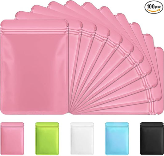 Funfery 100 Pack Pink Mylar Packaging Bags Resealable Bags Double Sided Color Odor Proof Pouch Baggies Smell Proof Foil Bag for Food Storage,Small Business(Pink,3.5x6.3inch)