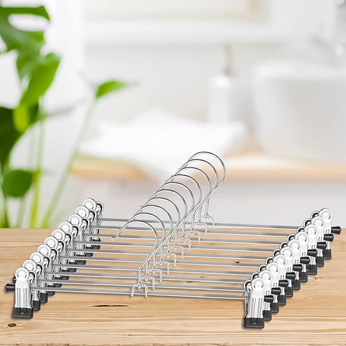 NORTHERN BROTHERS Pants Hangers 12 Pack Skirt Hangers with Clips Metal Adjustable Hanger for Pants Trousers Men Women Kids Clothes