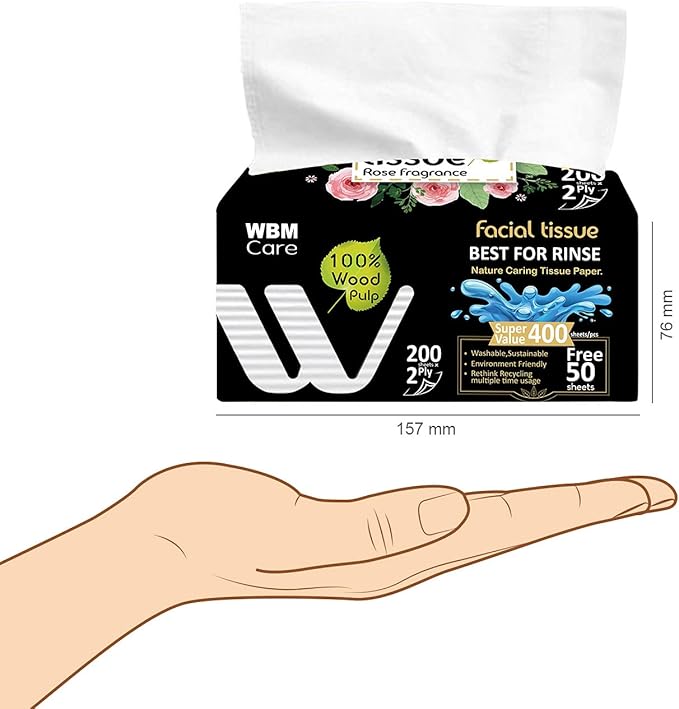 WBM Care Facial Tissues with Rose Fragrance, 200 Sheets per Pack, 20 Packs Totaling 4000 Sheets, Soft, Gentle, Perfect for Daily Use and Sensitive Skin