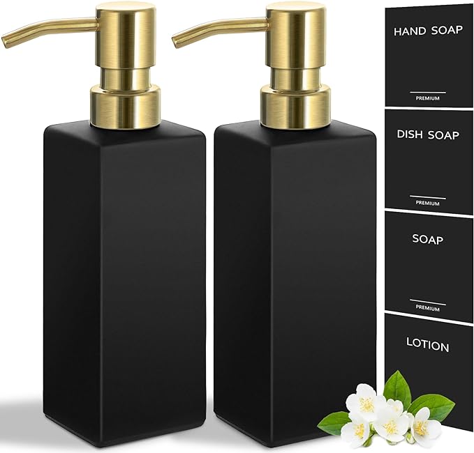 GMISUN Gold Soap Dispenser, Black Soap Dispenser Bathroom with Stainless Steel Pump, Hand and Dish Soap Dispensers Set for Kitchen, 12 fl oz/350ml Glass Liquid Refillable Lotion Dispenser Bottle