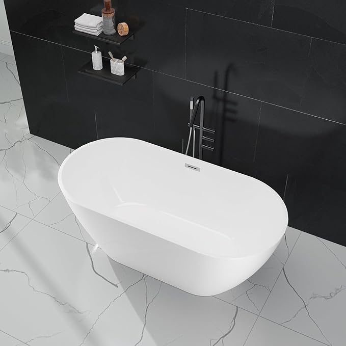 Freestanding Bathtub, Acrylic, Deep Soaking Tub with Non-Slip Base, CUPC Certified Free Standing Tub, Chrome Drain Bath Tub, Modern Tub for Bathrooms, White, 59''